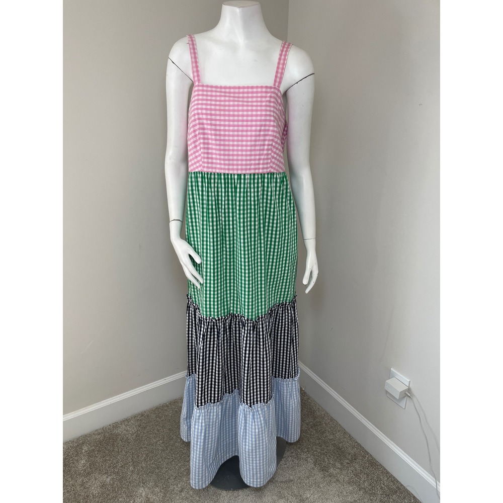 Crown & Ivy Gingham Colorblock Tiered Maxi Dress Pink Green Black Blue Large